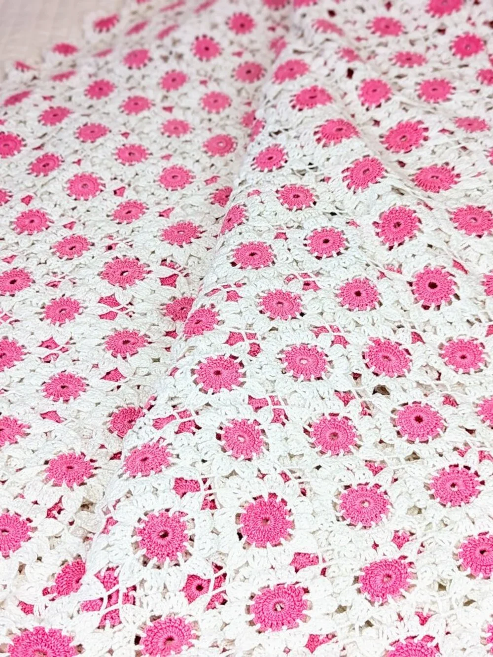 Boho Cottagecore Crochet Quilt ~ Bright Pink/White ~ Hand Crocheted Cotton